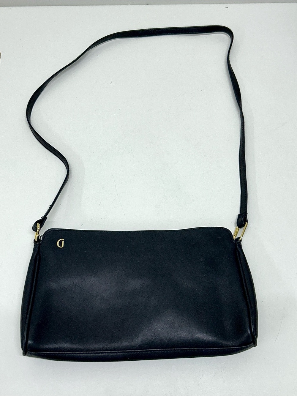 Soft Black Leather Gold Hardware Trim Ganson Shoulder Bag Purse Satchel